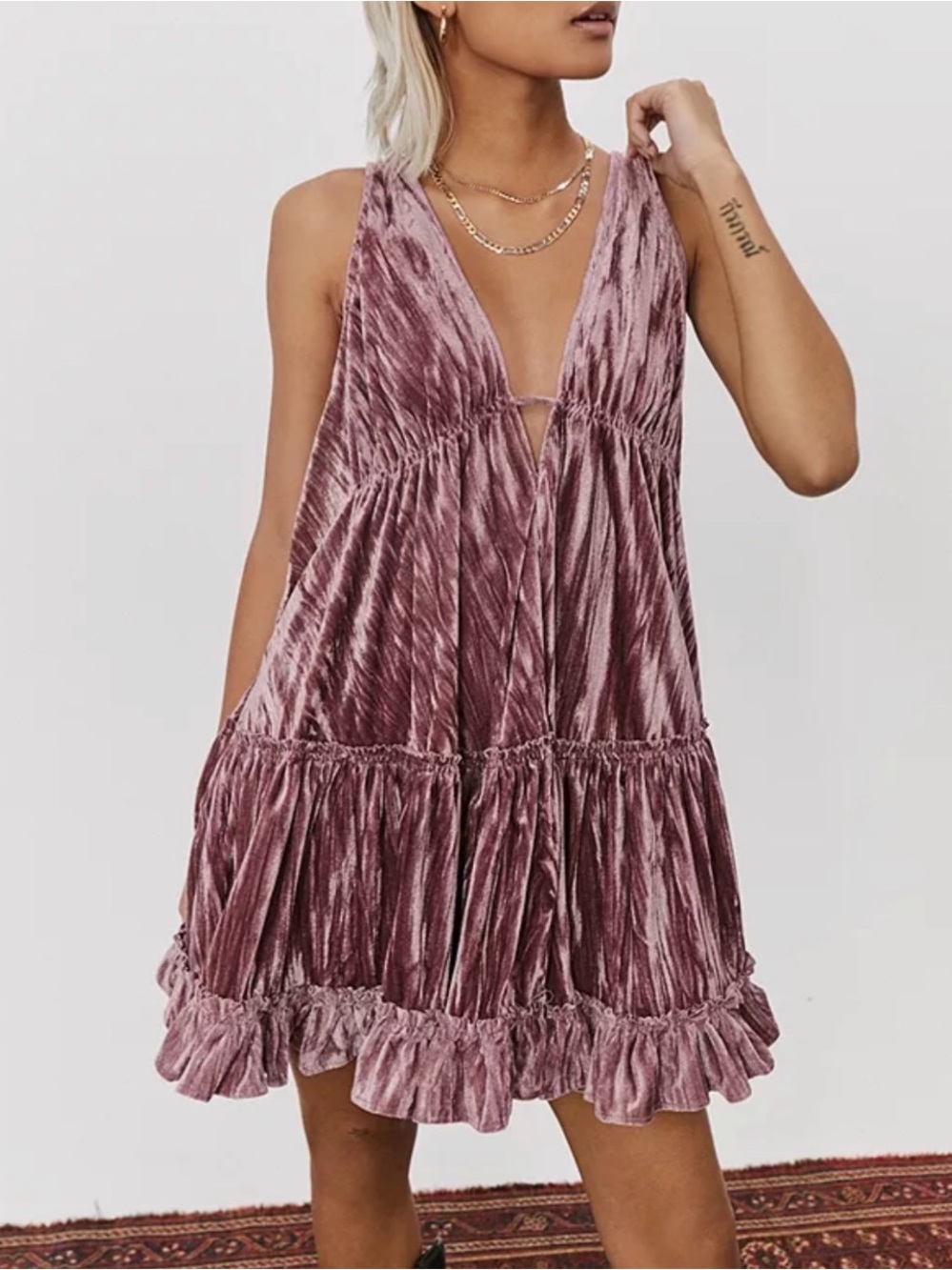 Velvet Ruffle Tiered V-Neck Babydoll Dress - Rose